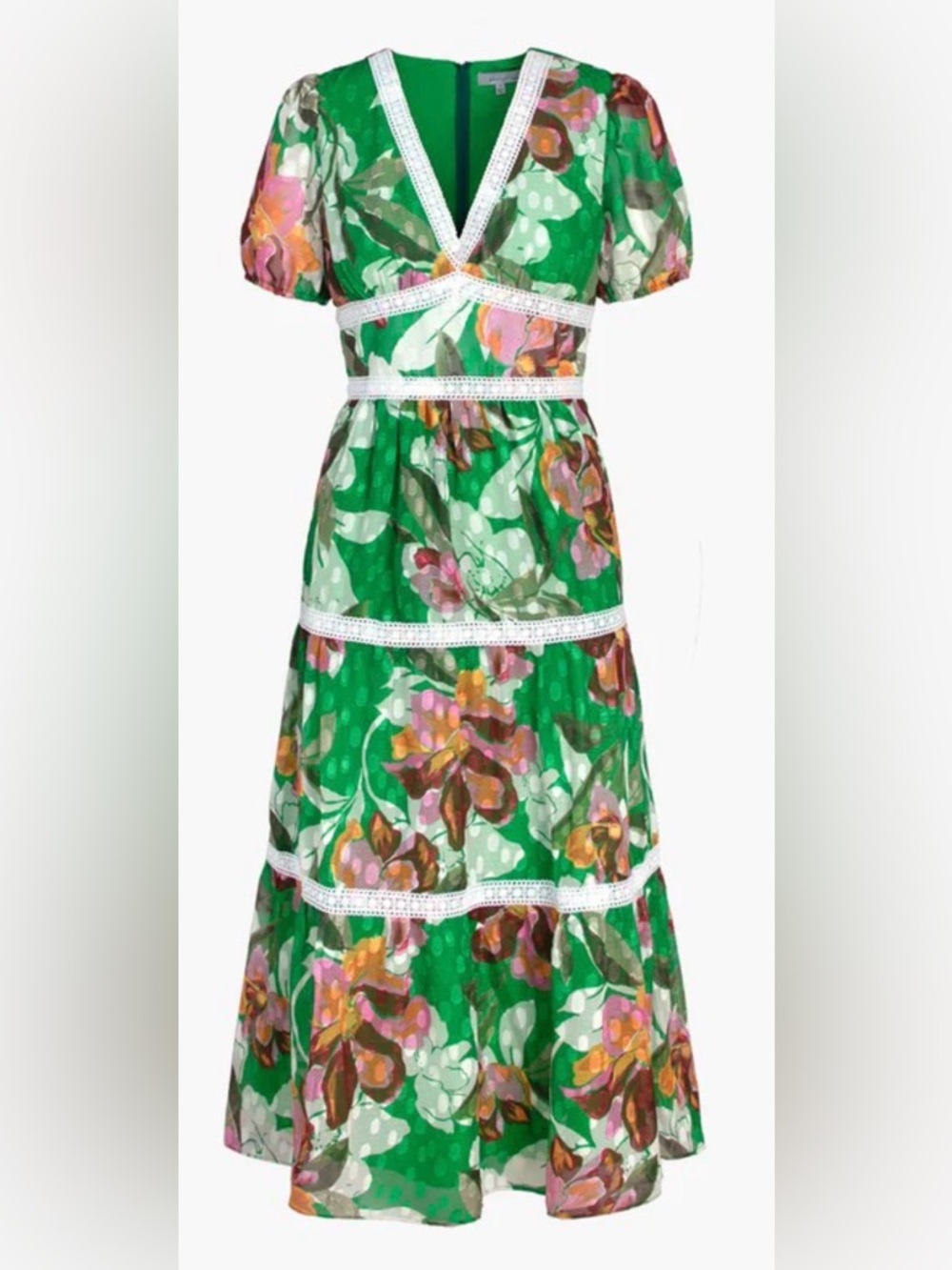 ADELYN RAE Kelly Green Floral Jacquard Print Lian Maxi or Midi Dress L
